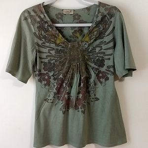 NWOT One World Smocked Green T-shirt Top
